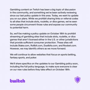 Twitch To Ban Gambling Streaming By October 18th